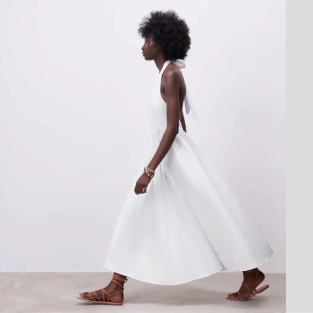 Zara Poplin Tie Halter Neck Midi Dress White Wedding Capsule Closet XL NWT - Picture 3 of 16